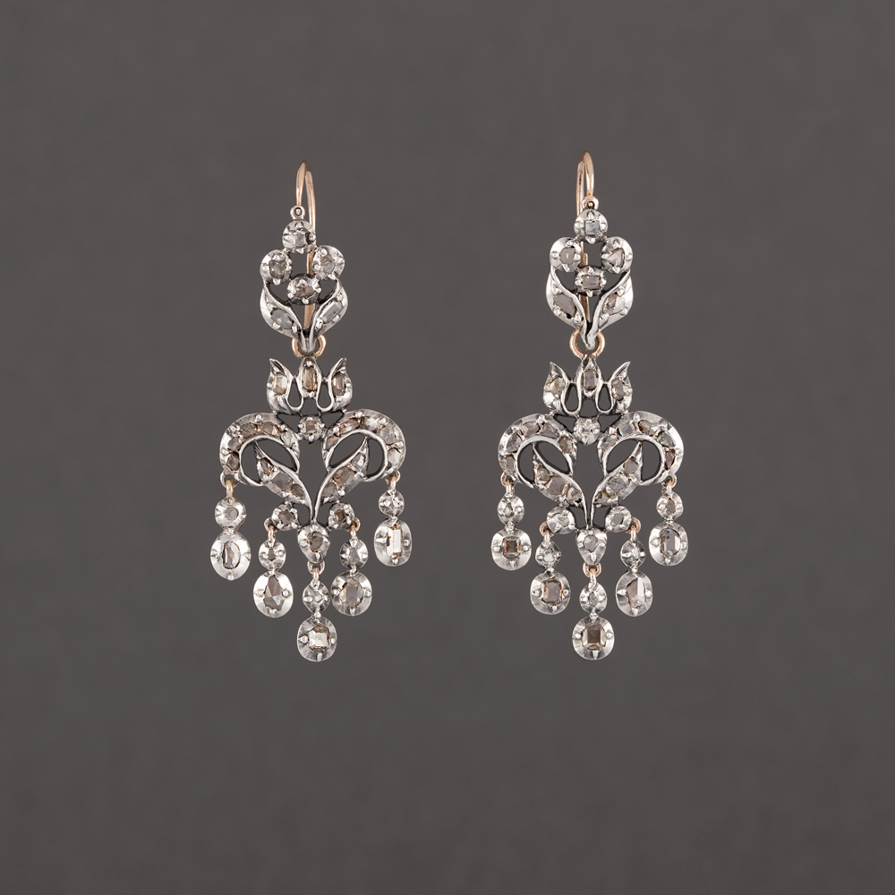 Cercei Art Nouveau din aur de 9k si argint cu diamante naturale